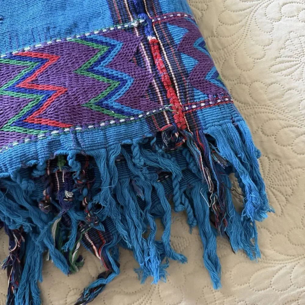 Guatemalan Woven Blanket Throw Textile Blue Fringe Traditional 82” x 88”